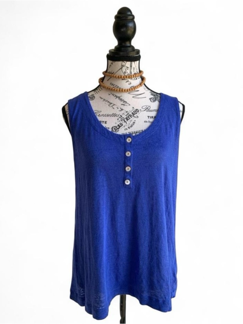 Joie Blue Linen Henley Sleeveless Knit Tank Top Button Accent Women’s Size L